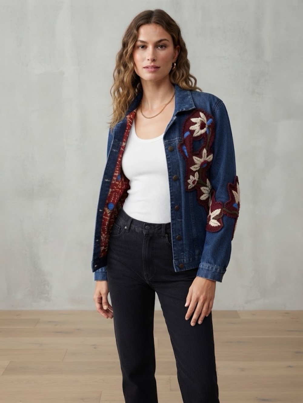 Embroidered Floral Denim Jacket - Blue & Burgundy Cotton and Rayon